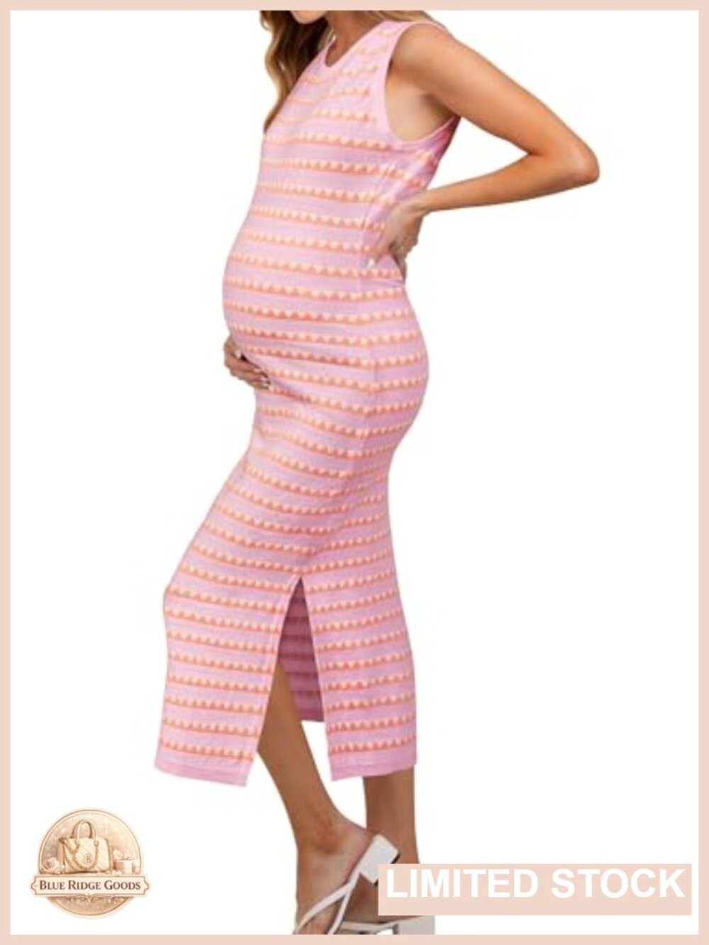 Sleeveless Crewneck Midi Dress with Side Slit Bodycon Knit Maternity Dress